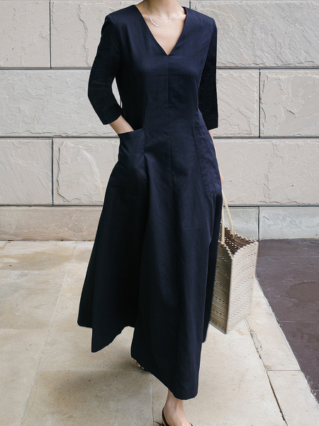 

Urban V Neck Three Quarter Loose Long Dresses, Navyblue, Maxi Dresses