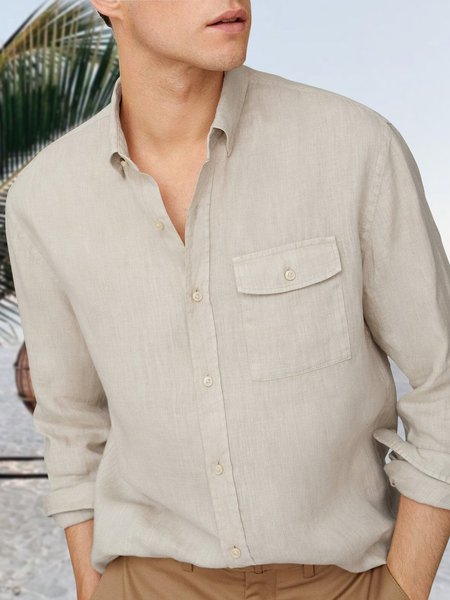 

Men's Pocket Cotton Linen Long Sleeve Shirt, Khaki, Long Sleeve Basic Shirts
