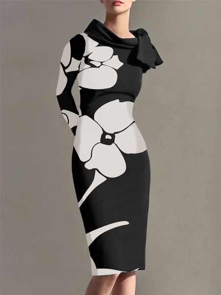 

Elegant Floral Tight Long Sleeve Midi Dress, Black-white, Midi Dresses