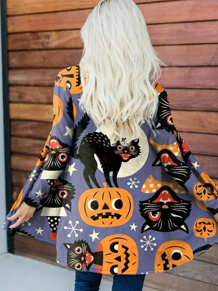 

Women Halloween Pumpkin Black Cat Print Cardigan, Multicolor, Cardigans