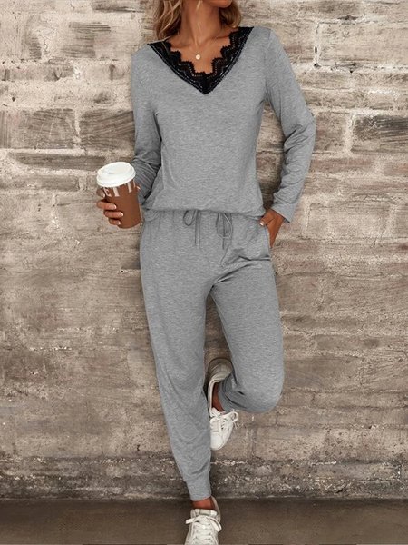 

Plain color stitched lace loose sweater set plus size, Gray, Suit Set
