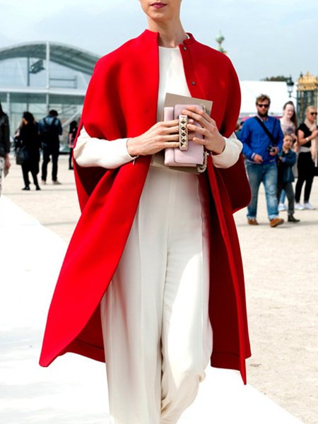 

Crew Neck Urban Plain Loose Overcoat, Red, Outerwear