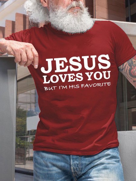 

Men Funny Jesus Loves You Text Letters Crew Neck Casual T-Shirt, Red, T-shirts