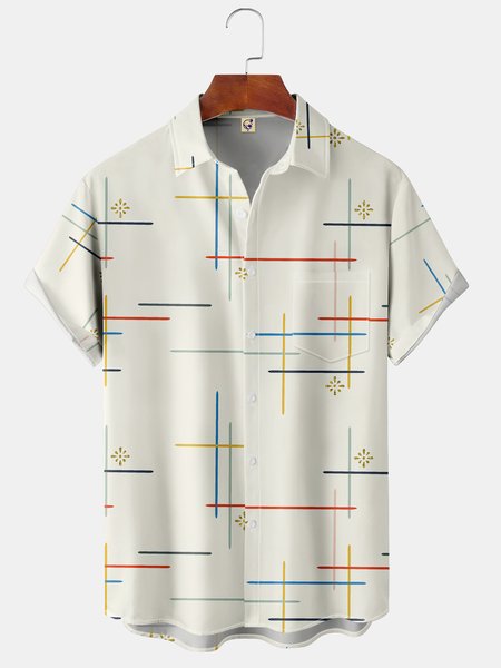 

Men's Casual Short Sleeve Hawaiian Shirt with Chest Pocket Geometric Lines, Apricot, Short Sleeve Shirts