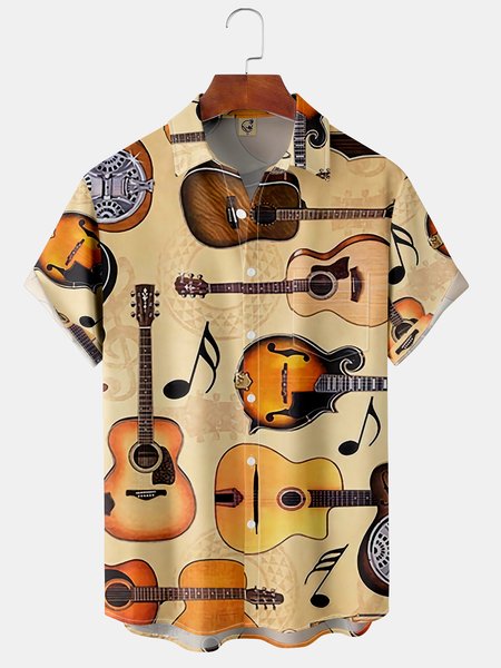 

Guitar Pattern Chest Pocket Short Sleeve Shirt Music Collection Vintage Lapel Top, Khaki, Short Sleeve Shirts