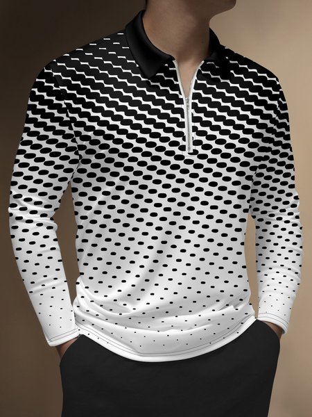 

Men's Dot Gradient Zip Long Sleeve Polo Shirt Casual Art Collection Lapel Print Top, White, Long Sleeve T-shirts
