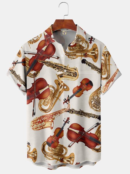 

Music Guitar Chest Pocket Short Sleeve Shirt, Khaki, Men Shirts