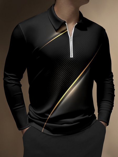 

Casual Art Collection 3D Gradient Stripes Geometric Color Block Pattern Lapel Zip Long Sleeve Print Polo Shirt, Black, Long Sleeve T-shirts
