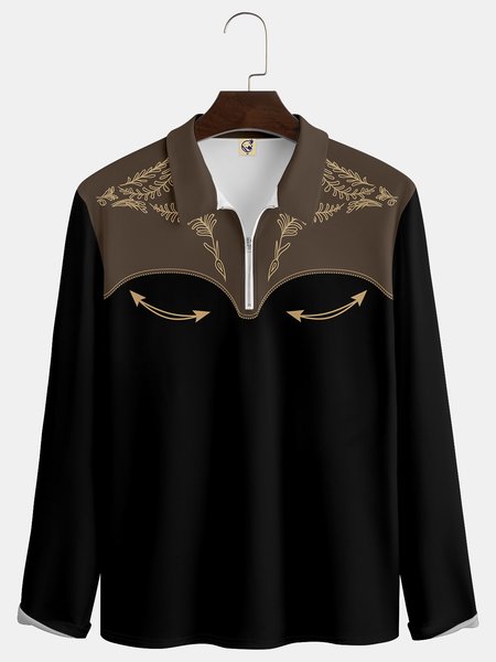 

Casual Culture Western Denim Striped Geometric Color Block Lapel Zip Long Sleeve Printed Polo Shirt, Black, Long Sleeve T-shirts