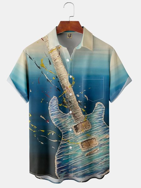 

Mens Casual Hawaiian Short Sleeve Shirt Chest Pocket Music Guitar Print Top, Blue, Short Sleeve Shirts