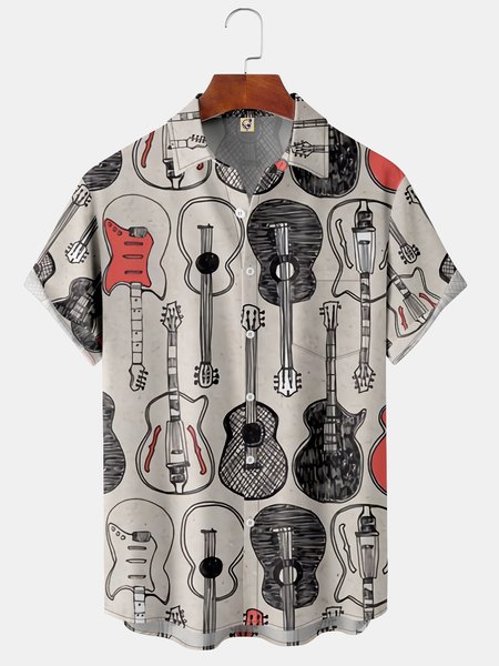 

Guitar Chest Pocket Short Sleeve Shirt, Khaki, Men Shirts