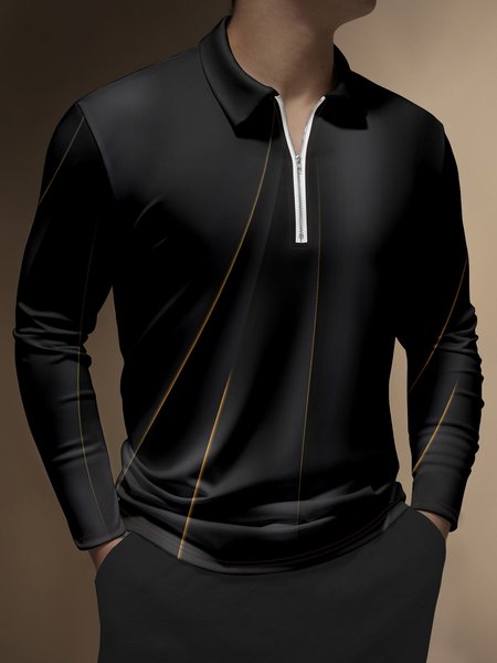 

Casual Art Collection 3D Gradient Black Gold Striped Geometric Pattern Lapel Zip Long Sleeve Printed Polo Shirt, Long Sleeve T-shirts
