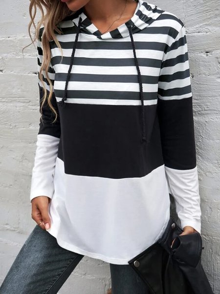 

Striped color block drawstring hooded loose Sweater, Black-white, Hoodies & Sweatshirts
