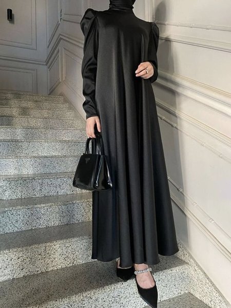 

Long sleeve Plain Turtleneck Loose Long Dress, Black, Maxi Dresses