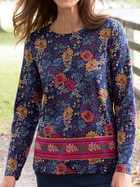 

Casual Cotton-Blend Floral Tops, Multicolor, Tops