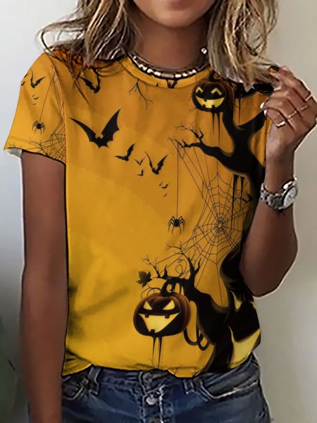 Women Pumpkin Light Bats Halloween Pattern Casual T-Shirt, As picture, T-shirts