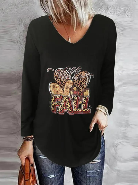 

Casual Letter Heart Print Long Sleeve Top, Black, T-Shirts
