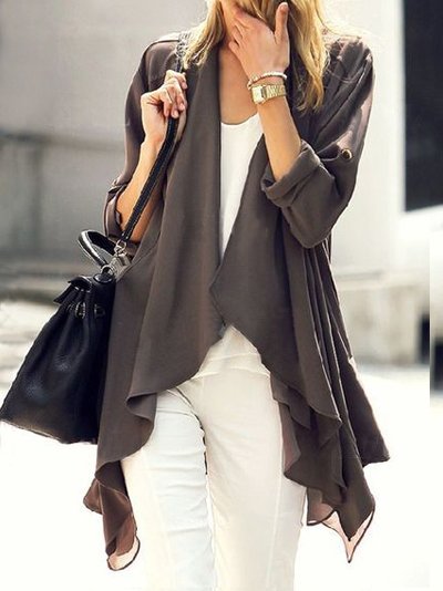

Casual Plain V Neck Coat, Deep khaki, Outerwear