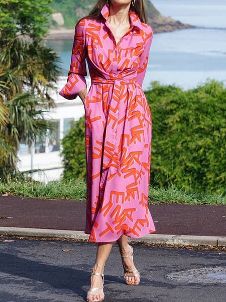 

Urban Shirt Collar Text Letters Regular Fit Shirt Dress, Deep pink, Midi Dresses