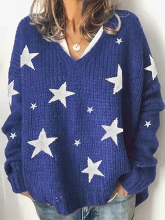 

Star Knitting Loose Sweater, Blue, Sweaters & Cardigans