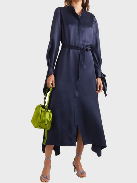 

Loose Shirt Collar Long sleeve Satin Long Dresses, Navyblue, Maxi Dresses