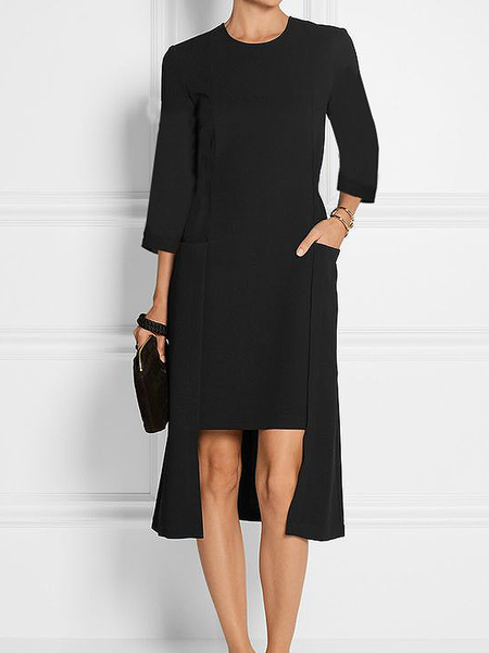 

Regular Fit H-Line Urban Crew Neck Three Quarter Dresses, Black, Midi Dresses