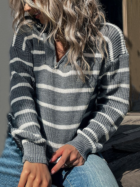 

Casual Striped Neck Zip Design Thermal Sweater, Gray, Sweaters