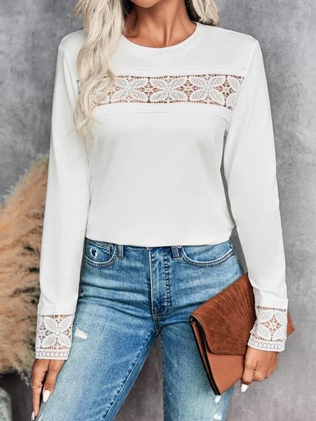 

Plain simple loose lace top plus size, White, T-Shirts