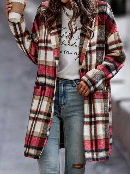 

Christmas red woolen Plaid medium long coat plus size, Multicolor, Coats