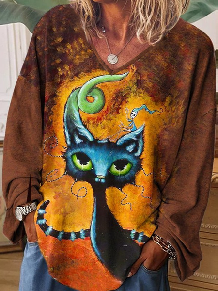 

Halloween Casual Animal Cat V neck Loose Tops, Multicolor, T-Shirts