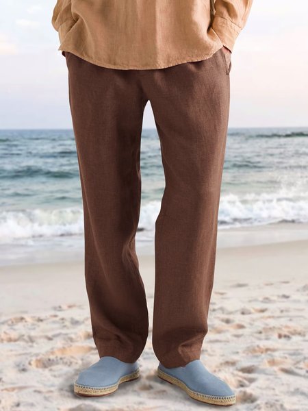 

Men's Elastic Waist Cotton Linen Casual Trousers, Brown, Men's pants