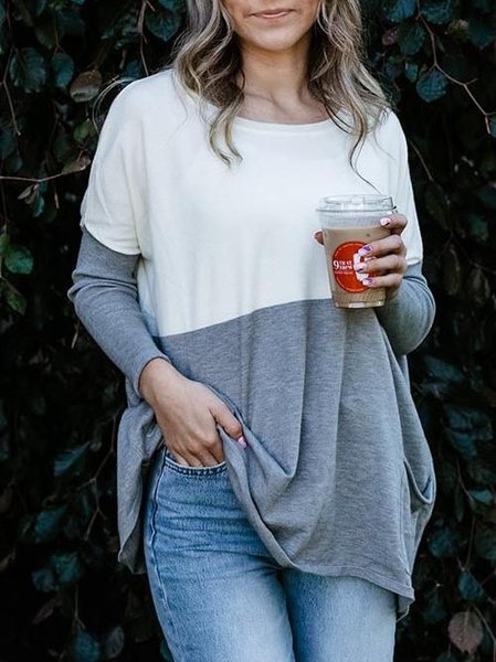 

Casual Contrast Panel Crew Neck Loose Top, White, Tunics