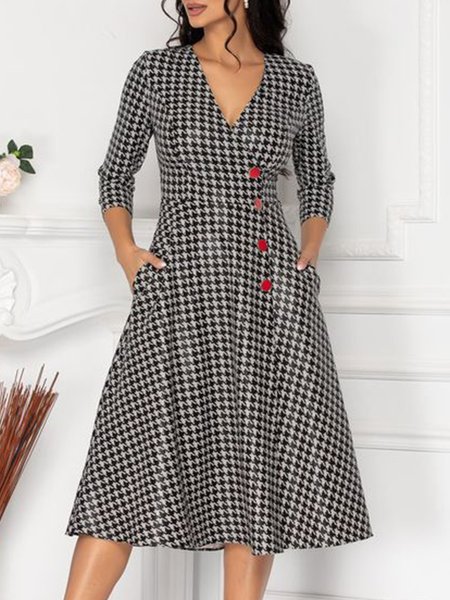 

Black V neck Midi Elegant Houndstooth Dress, Midi Dresses