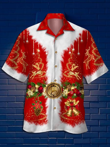 

Mens Christmas Print Casual Hawaiian Short Sleeve Shirt, Red, Short Sleeve Shirts