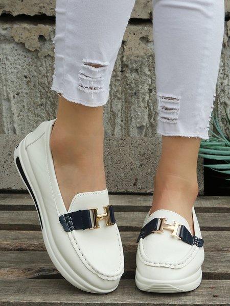 

Metal Buckle Casual Simple Loafers, White, Flats
