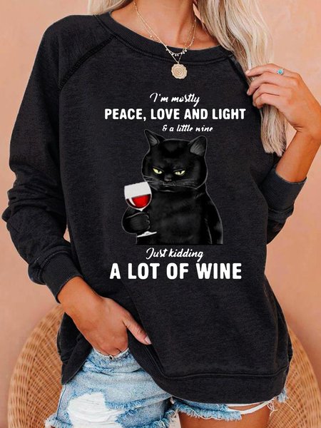 

Womens Funny Wine Black Cat Letters Casual Sweatshirt, Hoodies&Sweatshirts