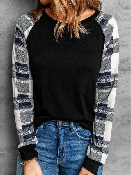 

Round Neck Casual Loose Check Print Panel Long Sleeve T-shirt, Black, Tops