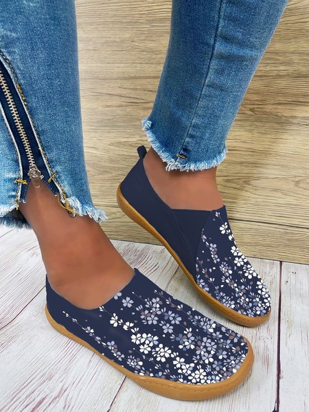 

Blue Floral Lightweight Casual Flat Sneakers, Flats