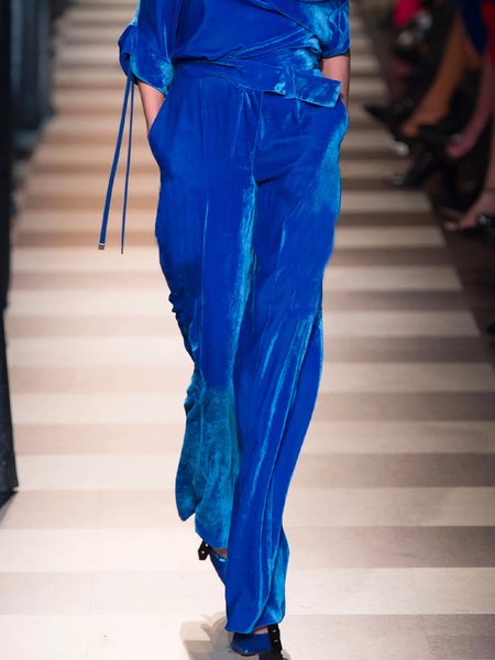 

Velvet Plain Fashion Pockets Wide leg Pants, Blue, Pants