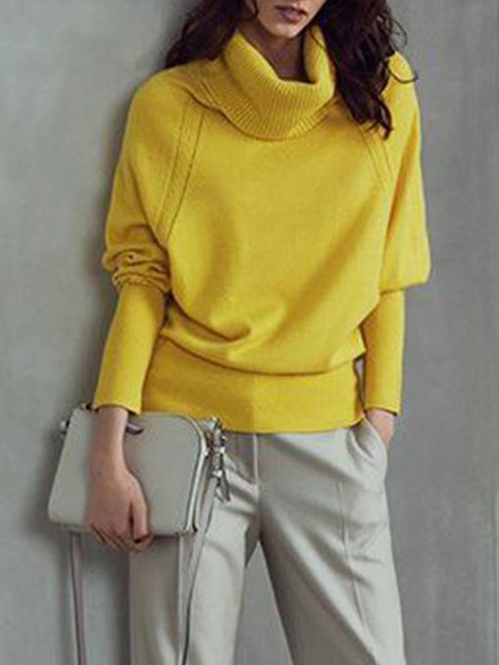 Loose Turtleneck Urban Plain Sweater, Yellow, Sweaters
