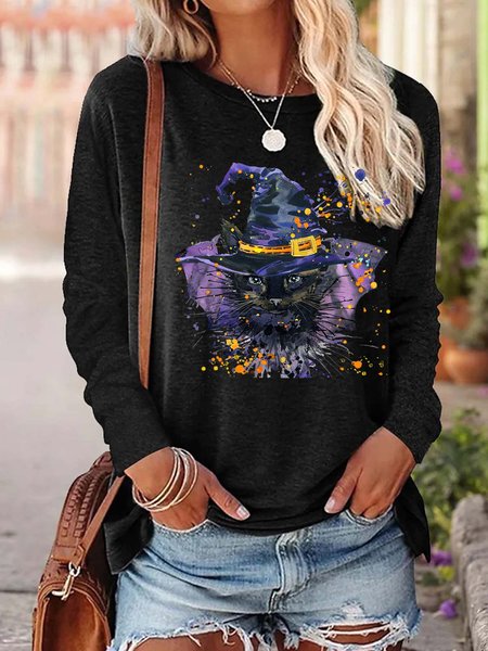 

Women Happy Halloween Black Cat Casual Crew Neck Tops, Long sleeves