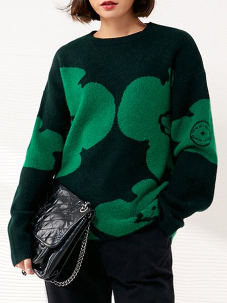 

Crew Neck Color Block Loose Long Sleeve Sweater, Green, Sweaters