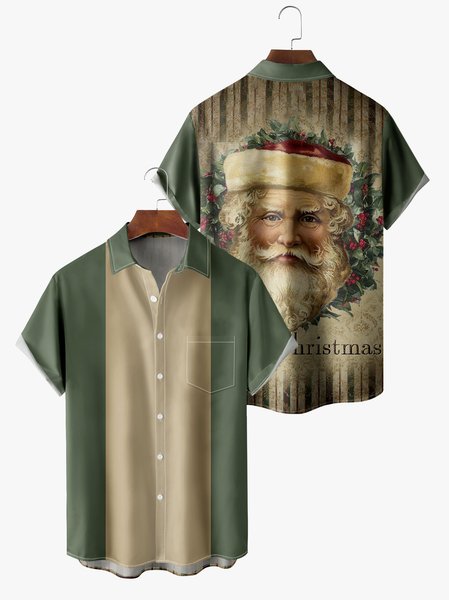 

Men's Santa Print Casual Short Sleeve Hawaiian Shirt with Chest Pocket, Green, Short Sleeve Shirts