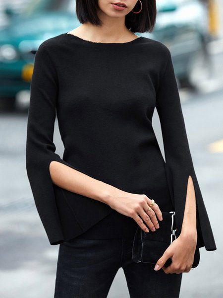 

Urban Simple Crew Neck Long Sleeve Split Top, Black, Tops