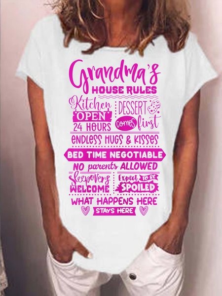 

Women Grandma’s House Rules Letters Casual Cotton-Blend T-Shirt, White, T-shirts