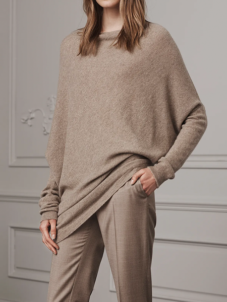 

High Elasticity Crew Neck Long sleeve Simple Plain Sweater, Brown, Sweaters