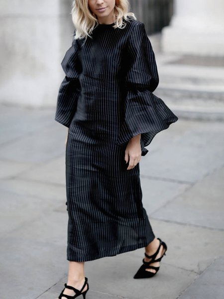 

Long sleeve Crew Neck Urban Striped Long Dress, Black, Maxi Dresses