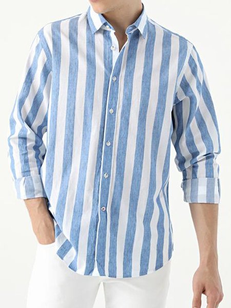 

Cotton Linen Striped Casual Long Sleeve Shirt, White-blue, Long Sleeve Shirts