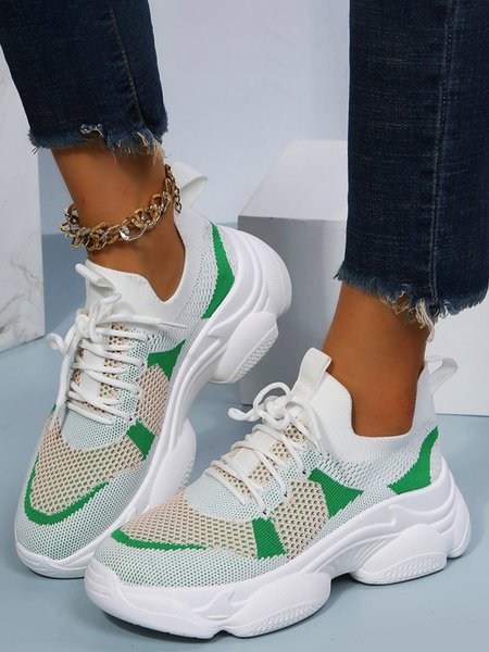 

Contrast Flyknit Breathable Mesh Platform Lace-Up Sneakers, Green, Sneakers