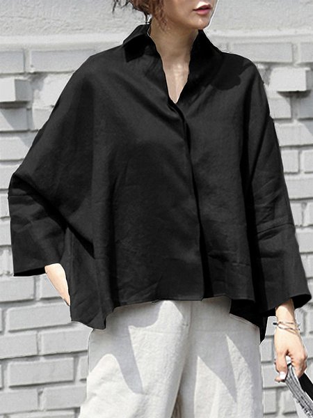 

Long sleeve Simple Shirt Collar Plain Blouse, Black, Blouses and Shirts